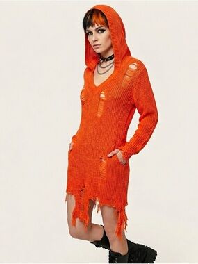 Love Sense Petite Orange Distressed Knit Hoodie Dress Tunic Size M